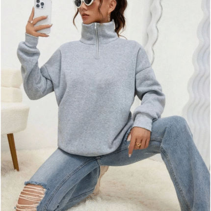 Unisex Uzun Kol Yarım Farmuarlı Yakalı Basic SweatShirt Gri