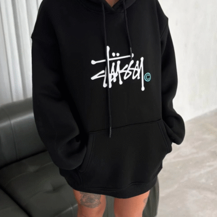 Üç İplik Kapşonlu Baskılı SweatShirt Siyah