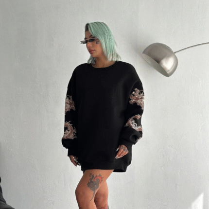 Bisiklet Yaka Baskılı SweatShirt Siyah