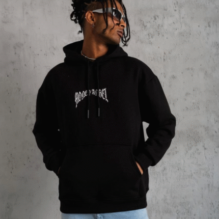 Erkek Kordon İpli Baskılı Kapüşonlu Sweatshirt Siyah