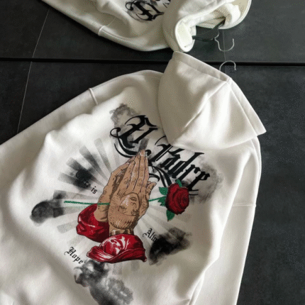 Üç İplik Penye Uzun Kol Kapşonlu Baskılı SweatShirt Beyaz