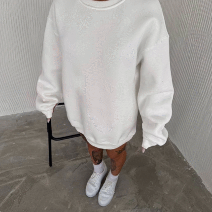 Kışlık Bisiklet Yaka Üç İplik Basic SweatShirt Beyaz