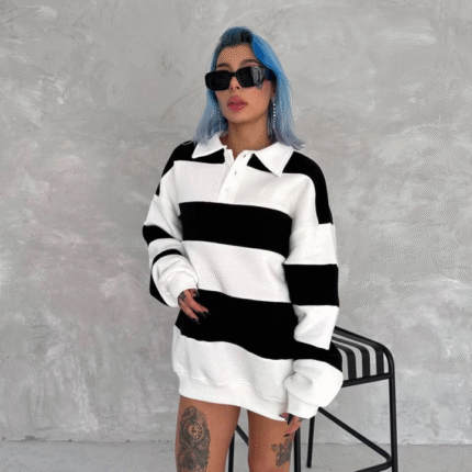 Unisex Üç İplik Parçalı Yakalı SweatShirt Siyah