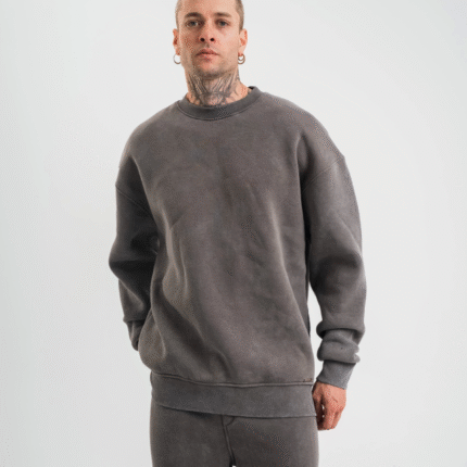Unisex Uzun Kol Bisiklet Yaka Yıkamalı SweatShirt Füme