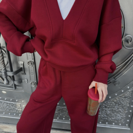 Geniş V Yaka Üç İplik Sweat Takım Bordo