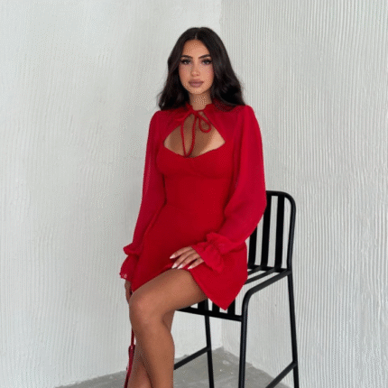 Göğsü Bağlamalı Kalp Yaka Kolları Şifon Mini Elbise Kırmızı