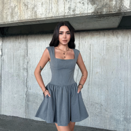 Kolsuz Mini Elbise Gri