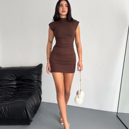 Yarım Bogazlı Kolsuz Mini Boy Elbise Kahve