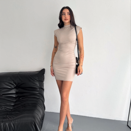 Yarım Bogazlı Kolsuz Mini Boy Elbise Bej
