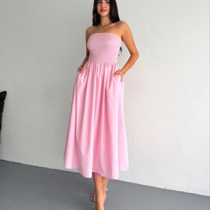 Straplez Pileli Elbise Pembe