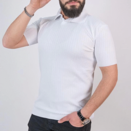 Triko Dokuma Yakalı Tshirt Beyaz