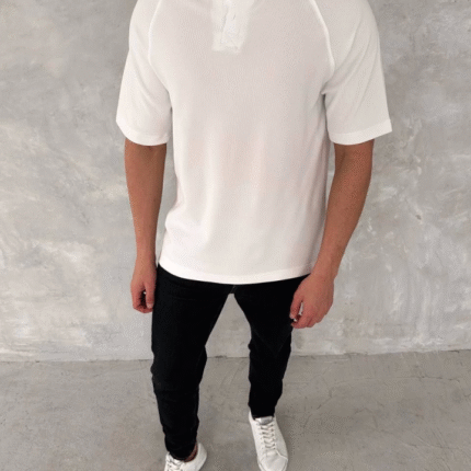 Yakalı Patlı Kısa Kol Tshirt Beyaz