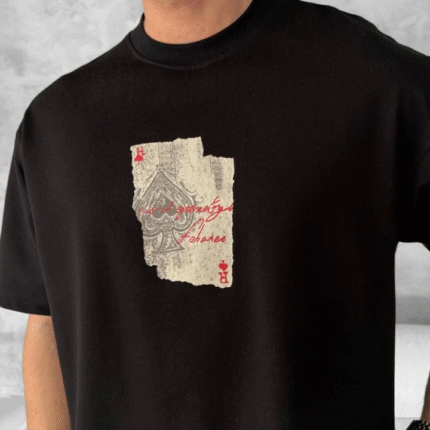 Ön Ve Arka Baskılı Oversize Bisiklet Yaka Tshirt Siyah