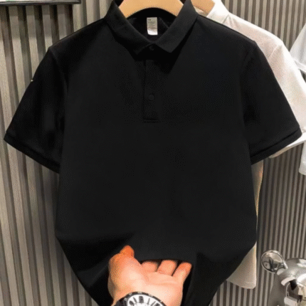 Yakası Düğmeli Yakalı Pike Düz TShirt Siyah