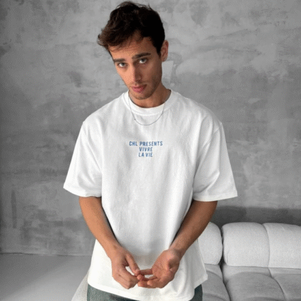 Ön Ve Arka Baskılı Oversize Bisiklet Yaka Tshirt Beyaz