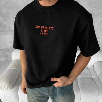 Ön Ve Arka Baskılı Oversize Bisiklet Yaka Tshirt Siyah