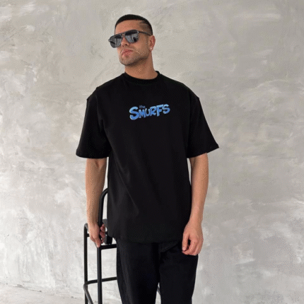 Ön Ve Arka Baskılı Oversize Bisiklet Yaka Tshirt Siyah