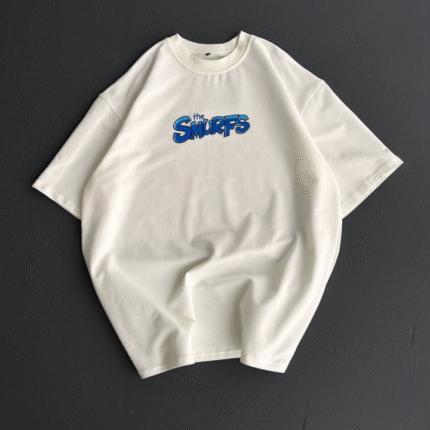 Ön Ve Arka Baskılı Oversize Bisiklet Yaka Tshirt Beyaz