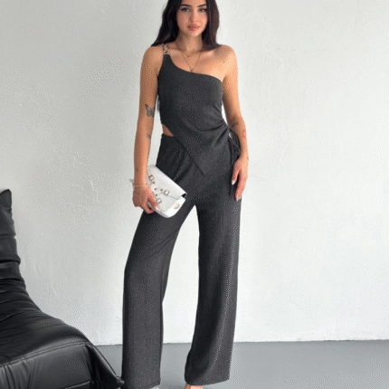 Asimetrik Crop Pantalon Ikili Takım Füme