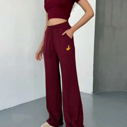 Osy Modal Yumuşak Dokulu Kumaş Nakış Işlemeli Rahat Bol Paça Eşofman Pantalon Bordo