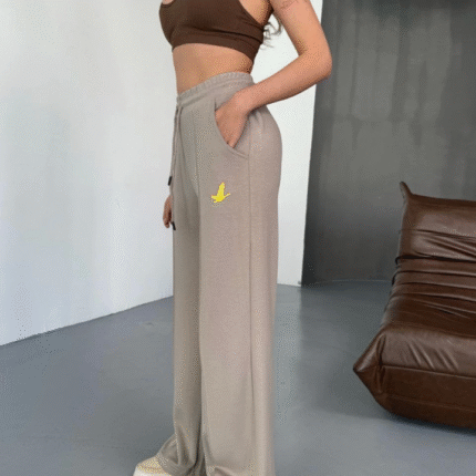 Osy Modal Yumuşak Dokulu Kumaş Nakış Işlemeli Rahat Bol Paça Eşofman Pantalon Bej