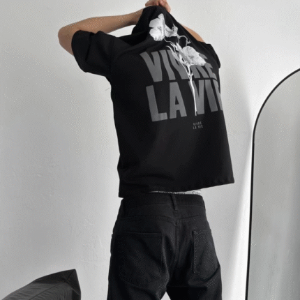 Baskılı Oversize Bisiklet Yaka Tshirt Siyah