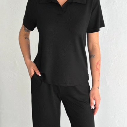 Osy Modal Yumuşak Dokulu Kumaş Kısa Kollu Yakalı Tshirt Pantalon Ikili Takım Siyah
