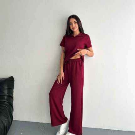 Osy Modal Yumuşak Dokulu Kumaş Kısa Kollu Yakalı Tshirt Pantalon Ikili Takım Bordo