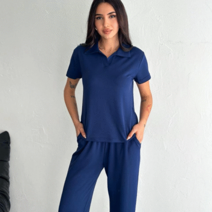 Osy Modal Yumuşak Dokulu Kumaş Kısa Kollu Yakalı Tshirt Pantalon Ikili Takım Lacivert