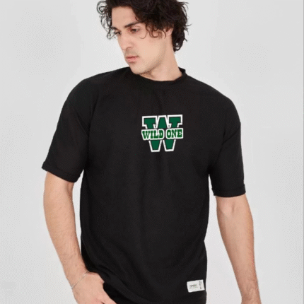 Unisex Waffle Kumaş Çift Katlamalı Kol Baskılı TShirt Siyah