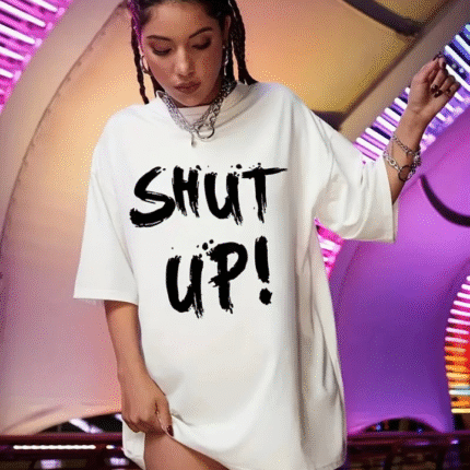 Baskılı Oversize Bisiklet Yaka Tshirt Beyaz