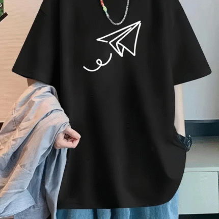 Baskılı Oversize Bisiklet Yaka Tshirt Siyah