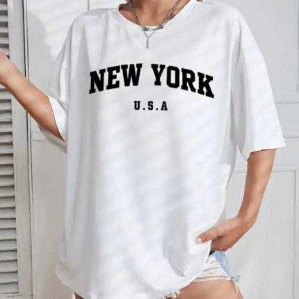 New York Baskılı Oversize Bisiklet Yaka Tshirt Beyaz