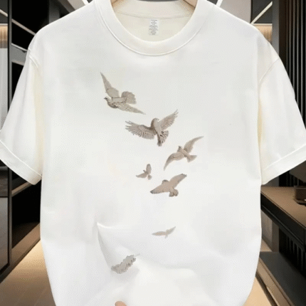 Baskılı Oversize Bisiklet Yaka Tshirt Beyaz
