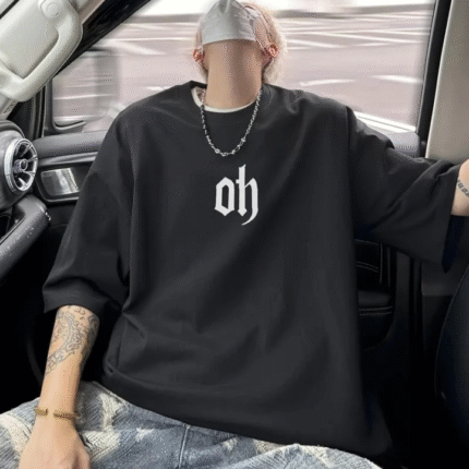 Baskılı Oversize Bisiklet Yaka Tshirt Siyah