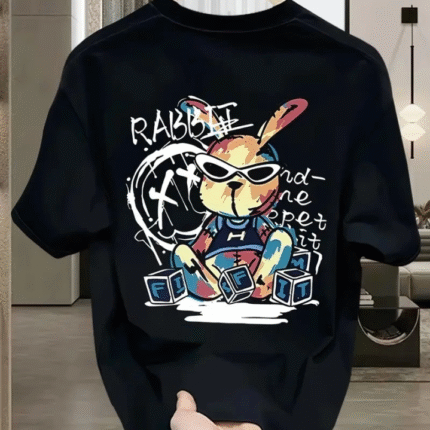 Baskılı Oversize Bisiklet Yaka Tshirt Siyah