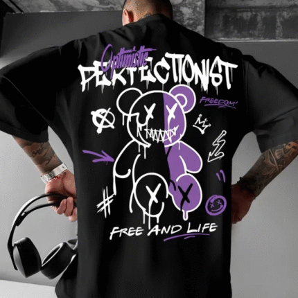 Baskılı Oversize Bisiklet Yaka Tshirt Siyah