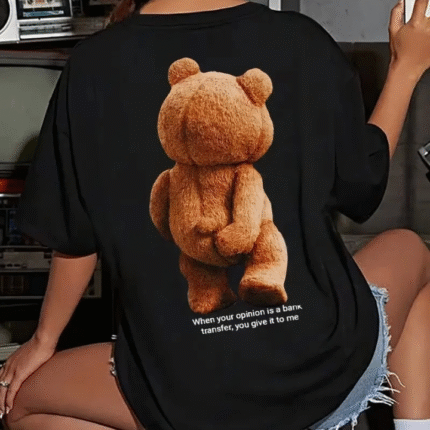 Baskılı Oversize Bisiklet Yaka Tshirt Siyah