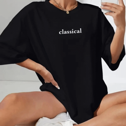Baskılı Oversize Bisiklet Yaka Tshirt Siyah
