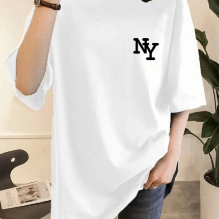 Baskılı Oversize Bisiklet Yaka Tshirt Beyaz