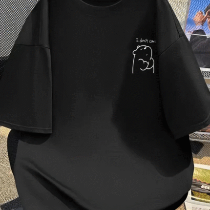 Baskılı Oversize Bisiklet Yaka Tshirt Siyah