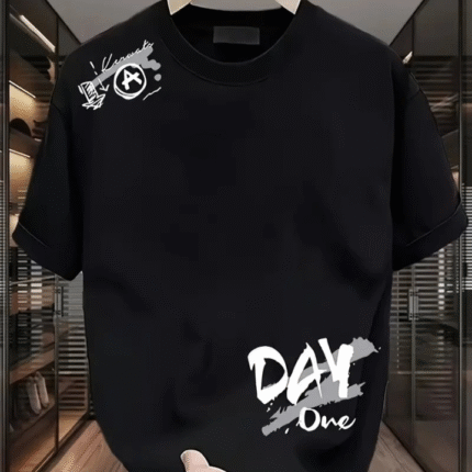 Baskılı Oversize Bisiklet Yaka Tshirt Siyah