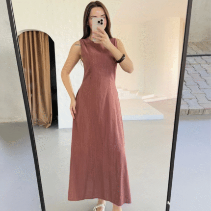 Keten Uzun Kolsuz Elbise Gül Kurusu