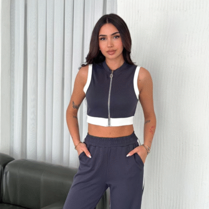 Osy Modal Yumuşak Dokulu Kumaş Tam Fermuarlı Crop Pantalon İkili Takım Antrasit