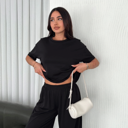 Osy Modal Yumuşak Dokulu Kumaş Bisiklet Yaka Tshirt Bol Paça Pantalon Ikili Takım Siyah
