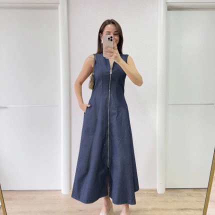 Jeans Kot Önü Tam Fermuarlı Uzun Elbise Mavi