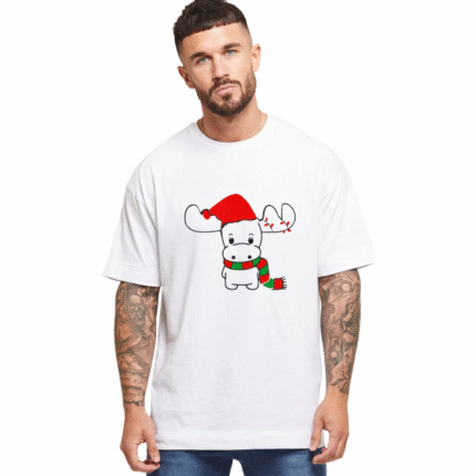 Ren Geyiği Baskılı Noel İçin Tshirt Beyaz