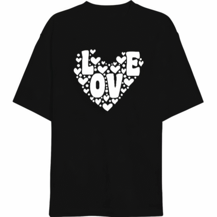 Sevgililer Günü İçin Özel Tasarım Love Kalp Baskılı Tshirt Siyah