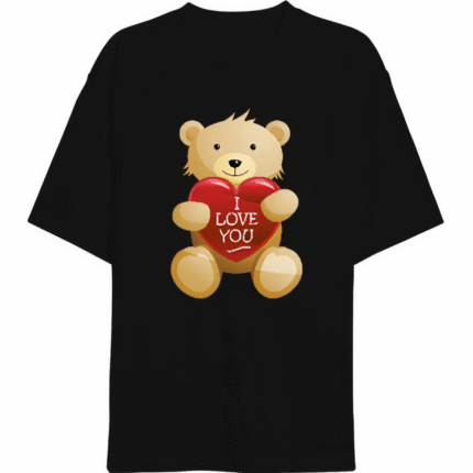 Sevgililer Günü İçin Özel Tasarım I Love You Ayı Baskılı Tshirt Siyah