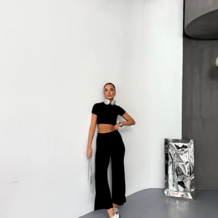 Osy Modal Yumuşak Dokulu Kumaş Kısa Kollu Crop Alt Ispanyol Paça Pantalon Ikili Takım Siyah